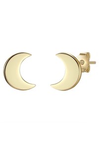 Auksinės pusmėnulio auskarai su blizgiu paviršiumi ir lygiomis kraštinėmis, su smeigtukų užsegimu, užtikrinančiu saugų pritvirtinimą.