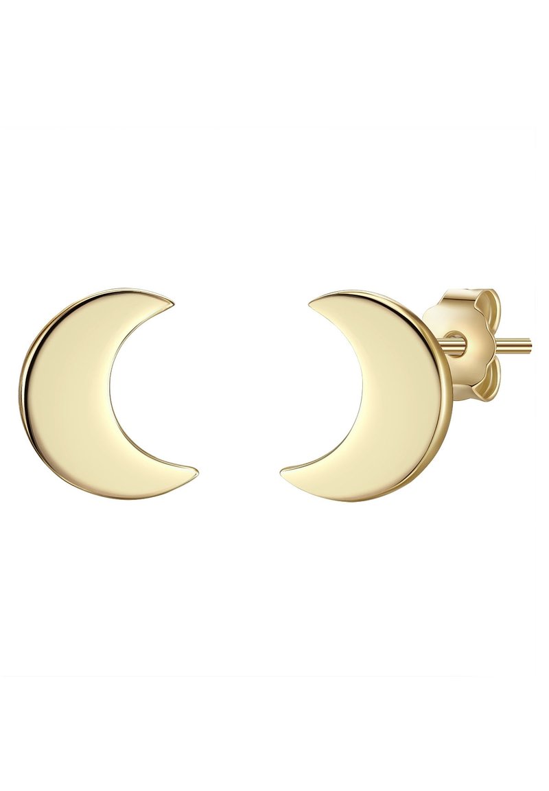 Auksinės pusmėnulio auskarai su blizgiu paviršiumi ir lygiomis kraštinėmis, su smeigtukų užsegimu, užtikrinančiu saugų pritvirtinimą.