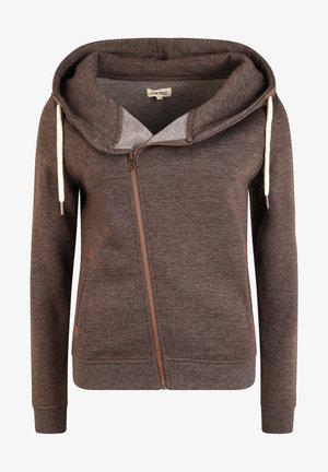 Rjava zip-up kapuca iz mehkega blaga, z velikim, zloženim kapuco, kontrastno notranjo podlogo in smetanovimi vrvicami z lesenimi detajli.