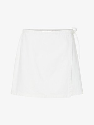 White, knee-length wrap skirt made from lightweight fabric with a side tie detail, featuring a smooth texture and clean edges.