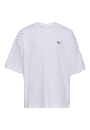 Wit oversized T-shirt met korte mouwen, ronde hals en klein bruin bijenlogo op de bovenste linkerborst.