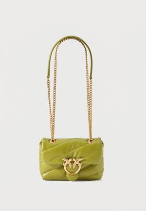 Small quilted olive green shoulder bag with gold chain strap and decorative gold birds clasp on front flap.