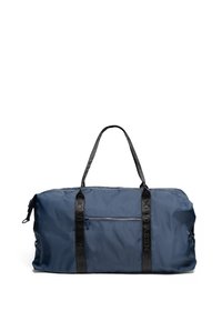 Navy blue duffel bag made of glossy, durable material, featuring two black handles, a front zip pocket, and a rectangular shape.