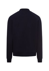 Marineblauwe sweatshirt met een ronde hals, lange raglanmouwen en geribde manchetten. Gladde textuur met een eenvoudig, strak ontwerp. Geen zichtbare accenten.
