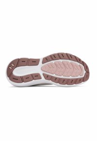 Shoe outsole featuring a predominantly white base with pink and brown accents, textured rubber for grip, and a patterned tread design.