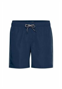 Pantaloni da bagno blu navy realizzati in tessuto leggero. Caratterizzati da una vita con cordino e strisce laterali a contrasto. Lunghezza corta e texture liscia.