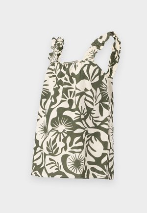 Haut en coton à motif floral vert et crème avec des bretelles à volants et un décolleté froncé, offrant une coupe ample et décontractée.