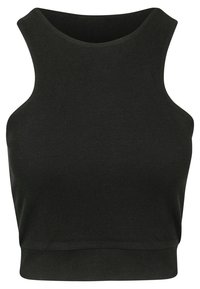 Svart ribbad crop top med hög hals och ärmlös design. Har mjuk textur och figurnära siluett. Inga synliga logotyper eller dekorationer.