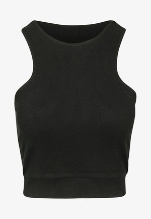 Czarny prążkowany crop top z wysokim dekoltem i bez rękawów. Posiada miękką teksturę i dopasowany krój. Bez widocznych logotypów ani zdobień.