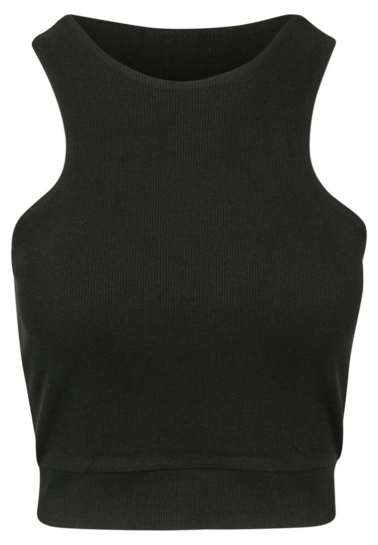 Svart ribbad crop top med hög hals och ärmlös design. Har mjuk textur och figurnära siluett. Inga synliga logotyper eller dekorationer.