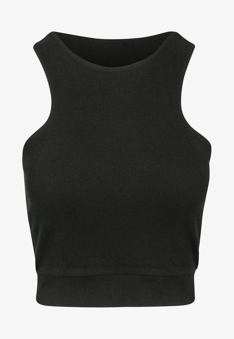 Černý žebrovaný crop top s vysokým límcem a bez rukávů. Má měkkou texturu a přiléhavý střih. Bez viditelného loga nebo ozdob.