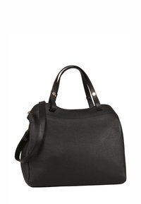 Zwarte leren handtas met een gestructureerde vorm, dubbele handvatten en een afneembare schouderband. Bevat een gestructureerd oppervlak en accenten van goudkleurige hardware.