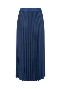 Tengerészkék, pliszírozott midi szoknya, rugalmas derékkal és függőleges hajtásokkal, sima anyagból, egyenes fazonú, enyhe bővüléssel az alján.