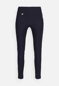 Pantaloni skinny blu navy con una trama di tessuto liscia, vestibilità slim e una tasca frontale con un accento in metallo argentato.
