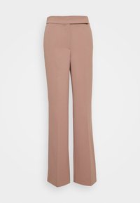 Beiga byxor med rak bendesign, slät textur och bred midjereså. Har framtida sömmar och inga synliga fickor.