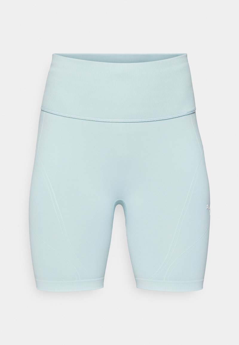 Pantaloni sportivi azzurri chiari con una cintura ampia. Le caratteristiche includono una texture liscia e dettagli di cucitura sottili sui lati. Finitura liscia in tutta la superficie.