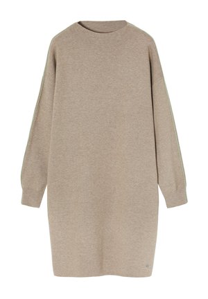 Robe pull en tricot beige avec de longues manches, un col rond et des rayures vertes sur les côtés. Texture douce, coupe décontractée et longueur mi-cuisse.