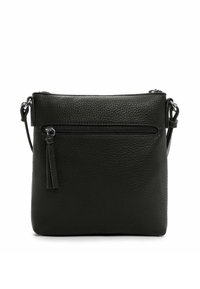 Zwarte leren crossbodytas met een gestructureerd oppervlak, rechthoekige vorm, voorvak met ritssluiting en verstelbare riem.