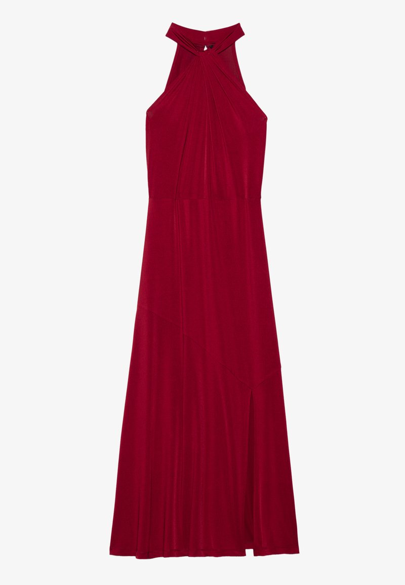 Rotes, ärmelloses Kleid mit Neckholder, das Falten-Details und einen seitlichen Schlitz aufweist. Hergestellt aus einem weichen, strukturierten Stoff. Bodenlanger Schnitt.