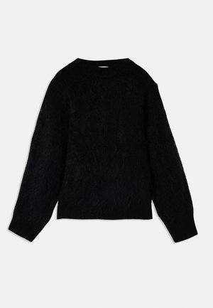Black knitted sweater with a textured, fuzzy finish. Features long sleeves and a crew neckline, with a slight cropped cut.