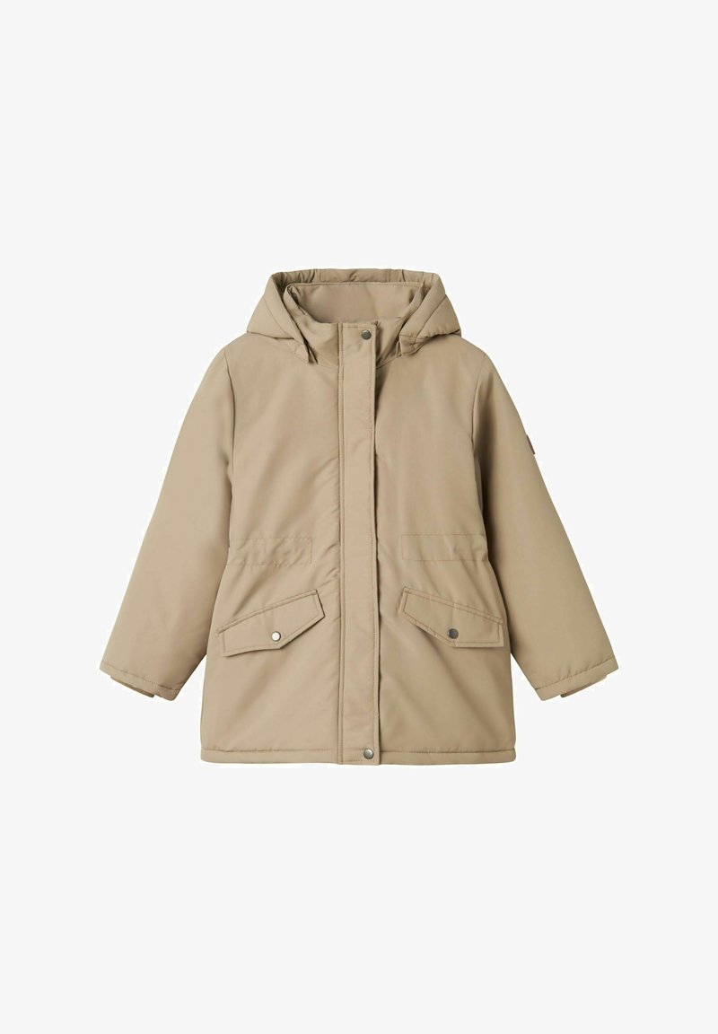 Beżowa pikowana kurtka z kapturem, z zamkiem błyskawicznym z przodu oraz zapięciem na zatrzask, dwie duże kieszenie z przodu i gładką fakturą.