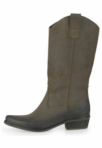 Bota de vaquero de ante marrón con punta afilada, costuras decorativas a lo largo de la parte superior, tacón bajo apilado y una lengüeta lateral para facilitar el uso.