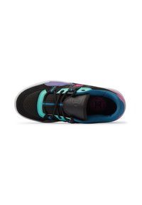 Black sneaker with mesh upper and turquoise, purple, and pink accents. Features lacing system and padded collar, with white rubber outsole.