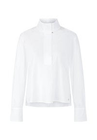White long-sleeve blouse featuring a stand collar, front placket, and a slightly loose fit. Made of smooth fabric with a subtle sheen.