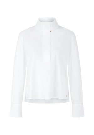 White long-sleeve blouse featuring a stand collar, front placket, and a slightly loose fit. Made of smooth fabric with a subtle sheen.