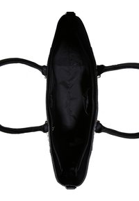 Czarna torba typu tote z zamknięciem na zamek błyskawiczny, cechująca się gładką powierzchnią, dwoma uchwytami oraz wnętrzem wyłożonym tkaniną z wieloma kieszeniami.