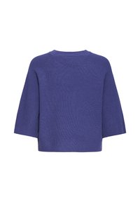 Pull bleu en tricot avec de larges manches trois-quarts et un col rond côtelé, vu de dos.