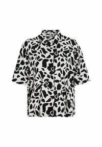 Short-sleeve button-up shirt with an abstract black and white pattern, made of a lightweight fabric. Features a collar and relaxed fit.