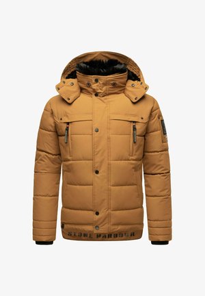 Mustard yellow puffer jacket with a detachable hood, black fur trim, multiple pockets, snap and zip closures, and "STONE HARBOUR" branding.