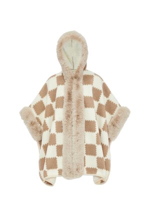 Fleece poncho, jossa on huppu, beige- ja kermaharmaaraidoituksessa, pehmustettuna pehmeällä turkiksella vuorattuna ja hihoissa.
