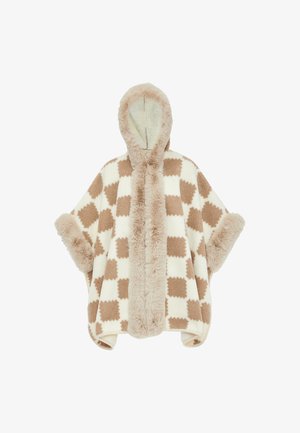 Kapucnis bolyhos poncsó, bézs és krém színű kockás mintával, puha szőrme béléssel és mandzsettákkal kiemelve.
