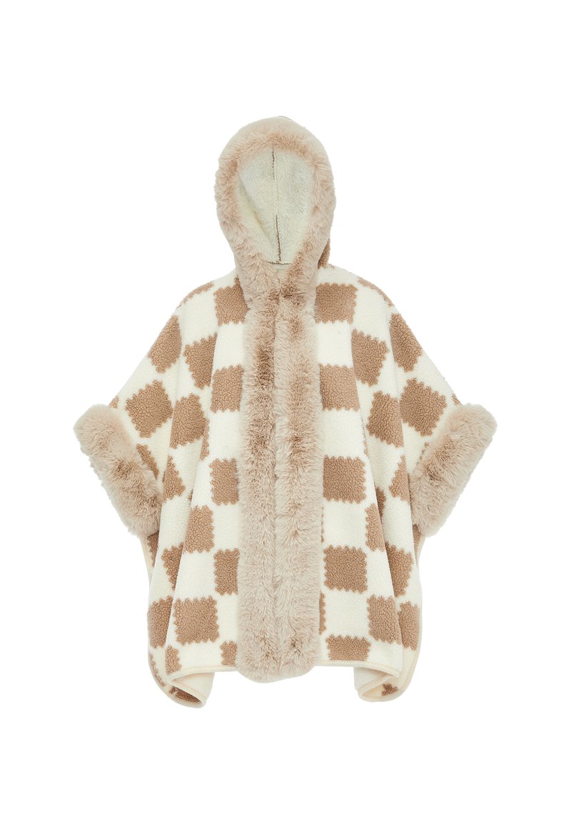 Poncho in fleece con cappuccio, caratterizzato da un motivo a scacchi in beige e crema, impreziosito da morbida foderatura e polsini in pelliccia.
