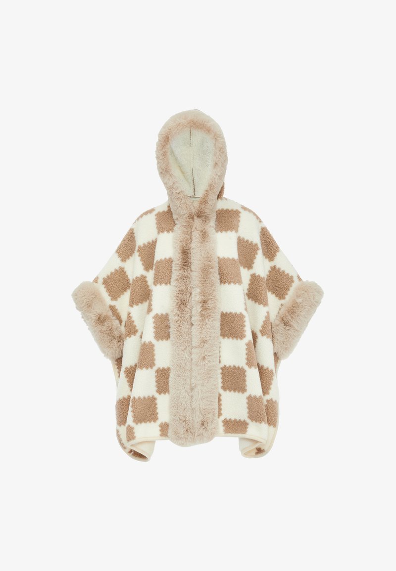 Fleeceponcho med huva, med ett rutig mönster i beige och krämfärgad, accentuerad med mjuk pälsfoder och manschetter.