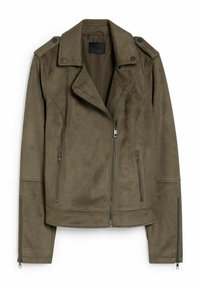 Veste de motard en simili cuir vert olive avec un col cranté, une fermeture éclair asymétrique et deux poches zippées sur les côtés. Présente des épaulettes aux épaules.