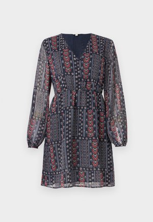 Navy blue sheer long-sleeve dress with v-neck, elastic waist, and red and white floral and leaf patterns in vertical stripes.