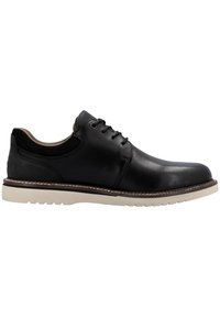 Scarpe in pelle nera con una finitura liscia, caratterizzate da un design con lacci, suola in gomma leggera a contrasto e dettagli cuciti lungo i bordi.