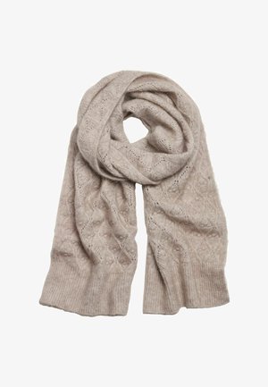 Beige gestrickter Schal mit einem Diamantmuster, weicher Textur und gerippten Enden. Leicht und fällt anmutig. Geeignet für verschiedene Outfits.