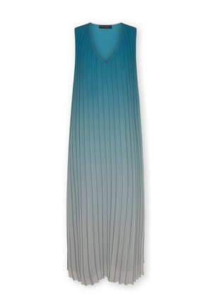 Vestido largo sin mangas con escote en V y pliegues verticales, que presenta un degradado de azul verdoso en la parte superior a gris claro en la parte inferior.