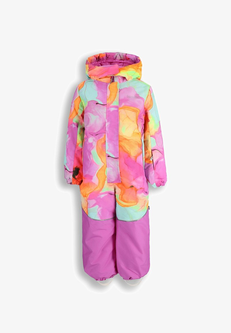 Kolorowy kombinezon śniegowy z wzorem akwarelowym w kolorach różowym, pomarańczowym i turkusowym. Wykonany z materiału izolowanego, z kapturem i elastycznymi mankietami.
