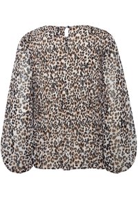 Permatomas blusas prototipas su leopardų raštu rudos ir juodos spalvų atspalviais, su pūstomis ilgomis rankovėmis ir rakto skylutės uždarymu gale.