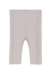Ljusgrå leggings tillverkade av mjukt tyg, med dekorativ sömnad längs sidorna och en elastisk midja för komfort.