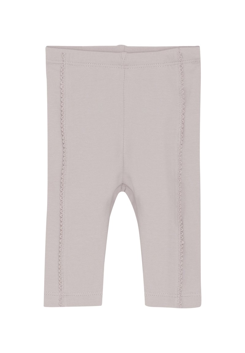 Ljusgrå leggings tillverkade av mjukt tyg, med dekorativ sömnad längs sidorna och en elastisk midja för komfort.