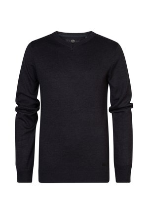 Marineblauwe v-halstrui van zachte brei-stof, met lange mouwen en geribbelde manchetten en zoom voor een aansluitende pasvorm.