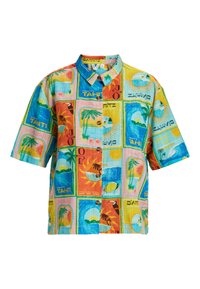 Short-sleeve, collared shirt featuring a multicolored print of tropical scenes and retro travel postcards. Fabric appears lightweight and textured.