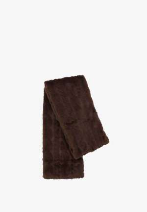 Dark brown rectangular faux fur scarf folded against a white background, showing soft texture and plush appearance.