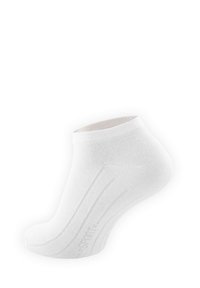 White ankle sock with a smooth texture, ribbed cuff, and subtle logo detail along the side. Features a rounded toe and heel area.